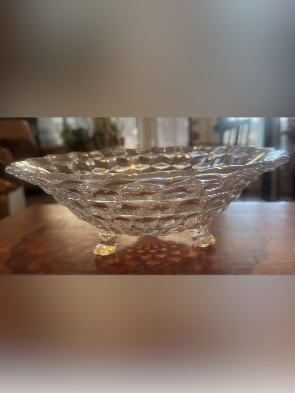 Vintage Fostoria American Clear Cubist Glass 3 Footed 10.25” Fruit/Serving Bowl